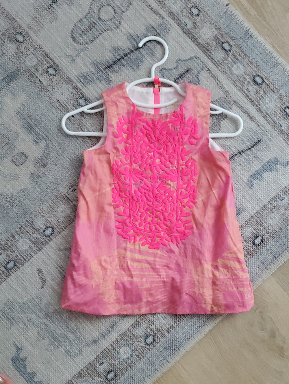 Crewcuts Girls Tropical Pink Orange Embroidered Sleeveless Shift Dress Sz2